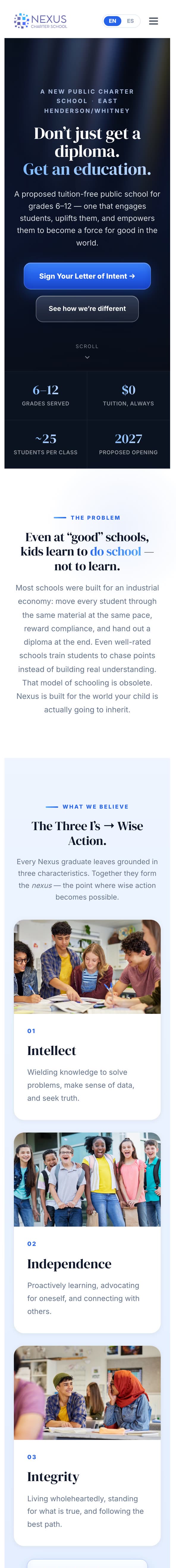 nexuscharter.org, the full site scrolling on a phone